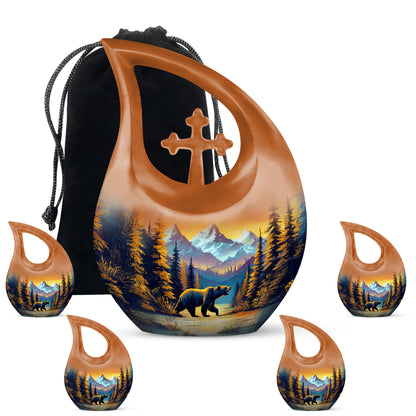 Royal Gold Bear Cremation Urn urn with complimentary velvet bag - faith-inspired cross-drop urn with bear pattern - memorial set with one large and four small urns