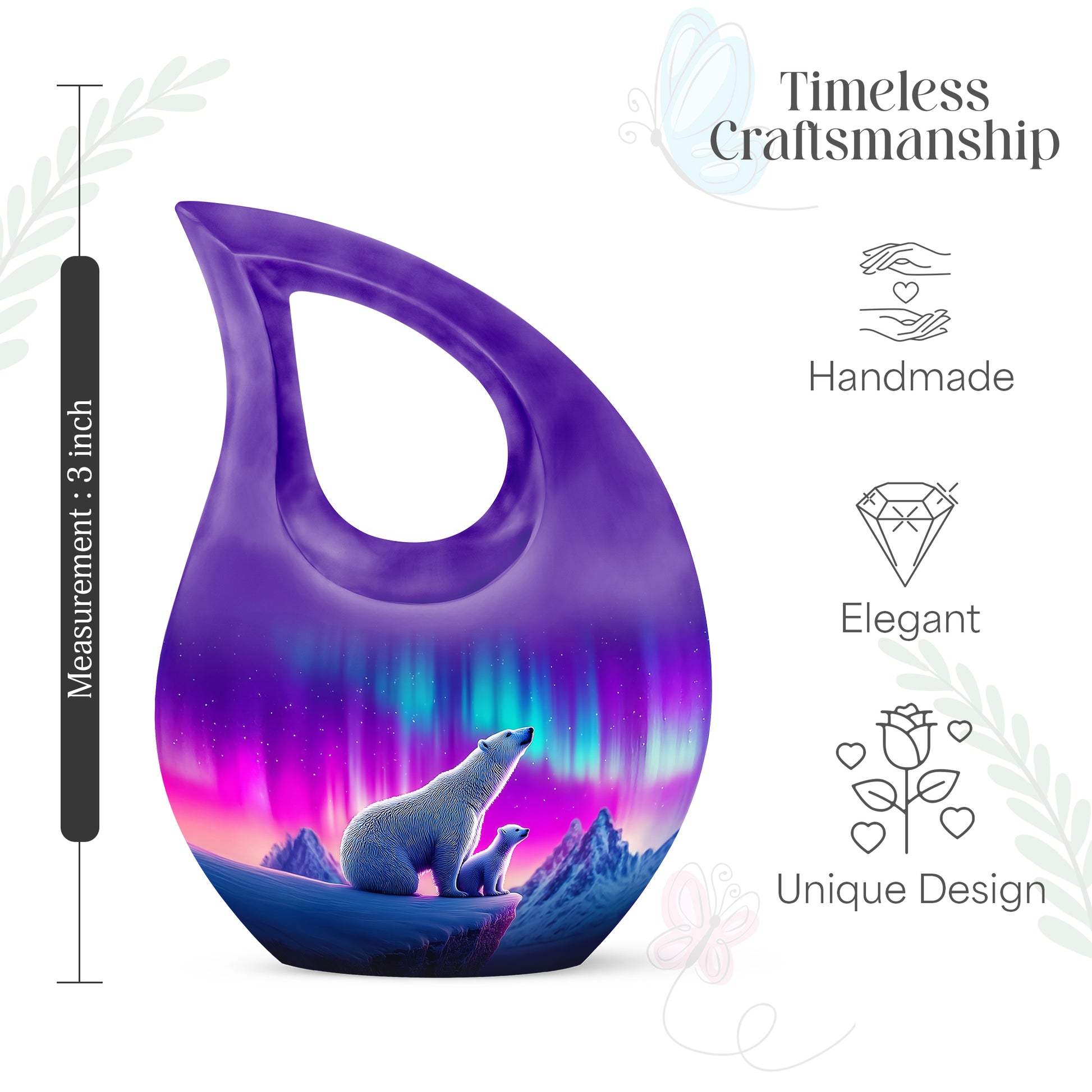 Twilight Blue Bear Cremation Urn back view with polished surface - faith-inspired cross-drop urn with bear pattern - mini keepsake memorial for portion of cremation ashes