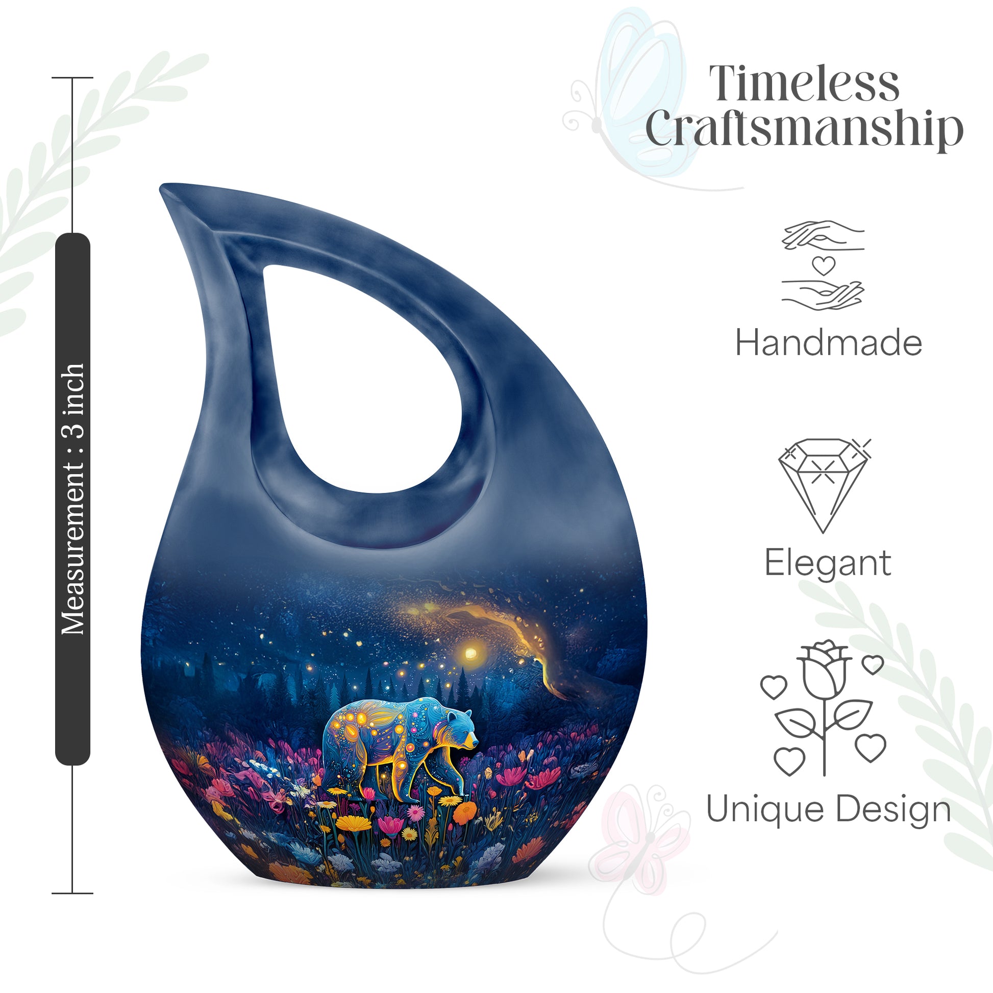 Icy Blue Bear Cremation Urn back view with polished surface - sacred cross merged with bear motif on metal - mini keepsake memorial for portion of cremation ashes