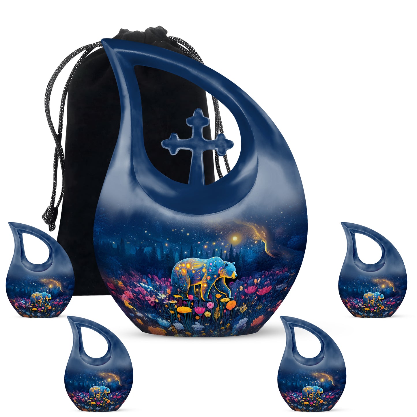 Navy Blue Bear Cremation Urn urn with complimentary velvet bag - cross and bear combined in spiritual memorial design - memorial set with one large and four small urns