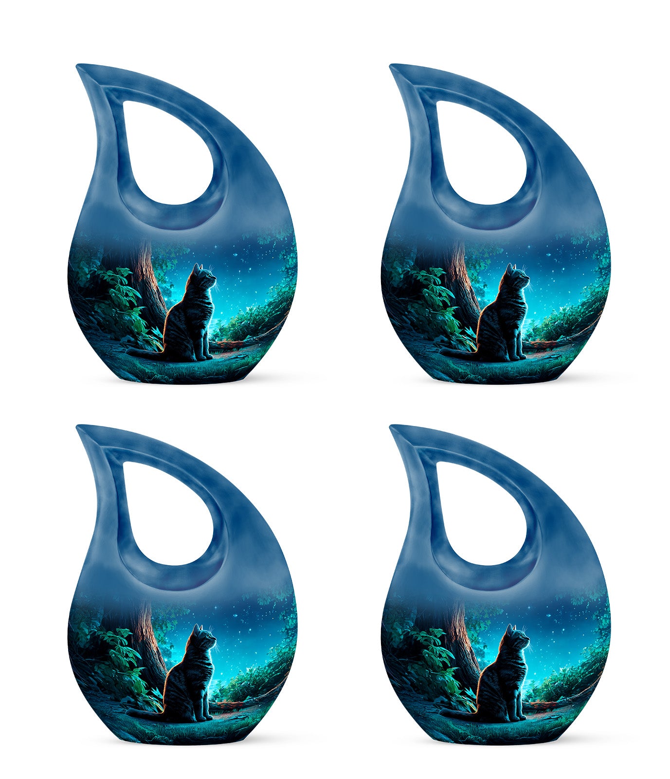 Soft Blue Cat Cremation Urn lifestyle display on memorial shelf - faith-inspired cross-drop urn with cat pattern - 10 inch aluminum urn for cremated remains