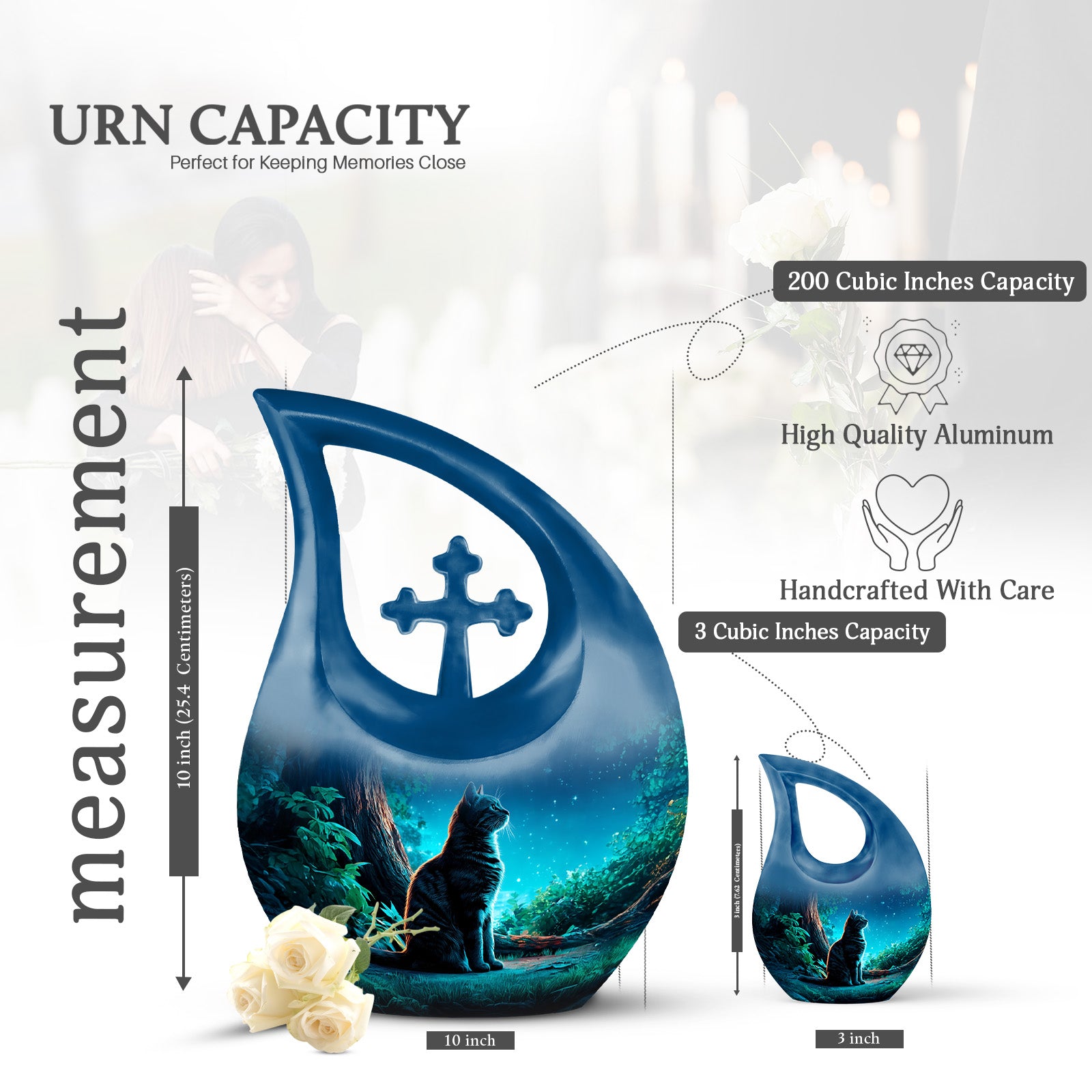 Pastel Blue Cat Cremation Urn back view with polished surface - cross and cat combined in spiritual memorial design - mini keepsake memorial for portion of cremation ashes