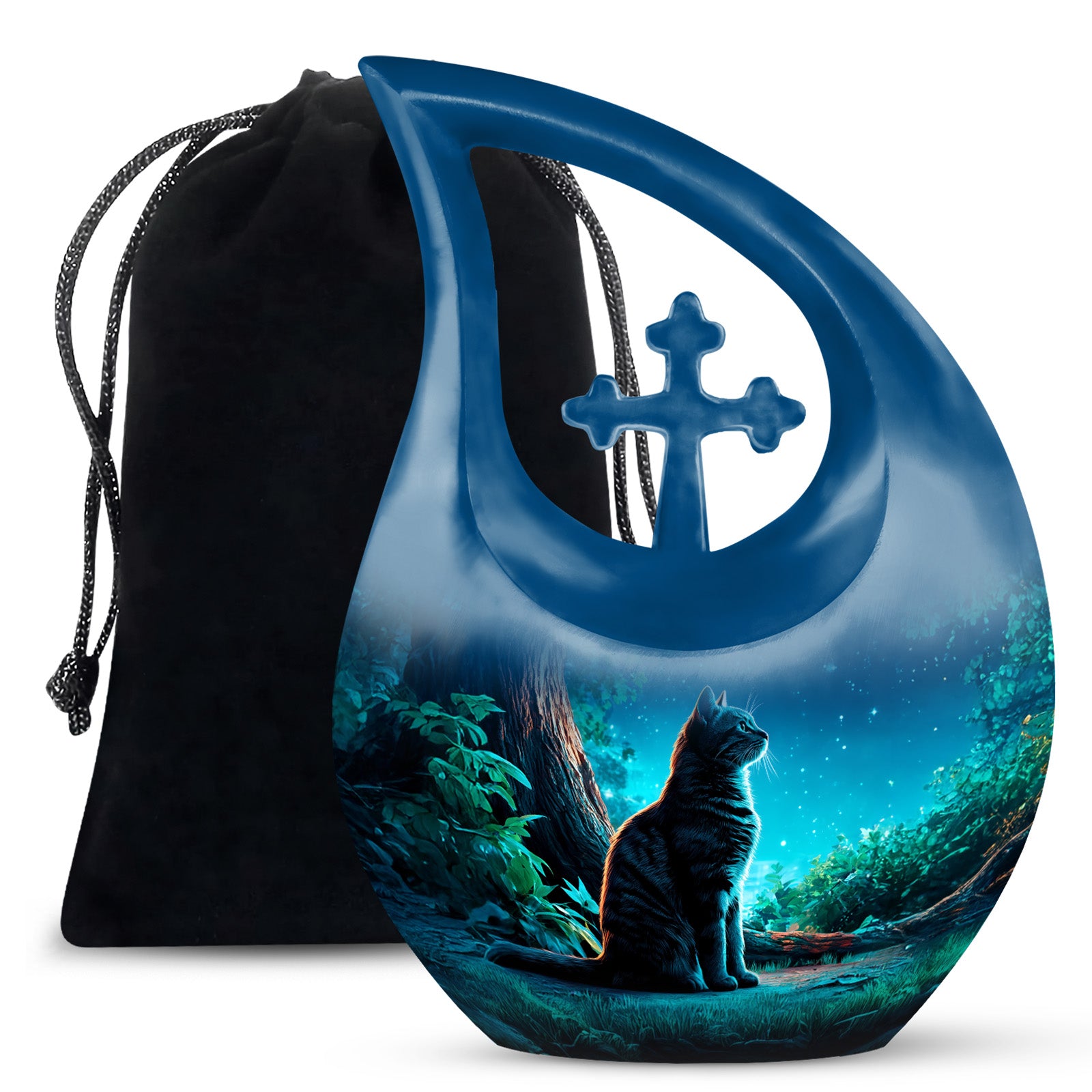 Soft Blue Cat Cremation Urn top-down view of secure threaded lid - devotional cross-drop cat engraving - full-size 10 inch 200 cubic inch adult cremation urn