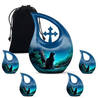 Icy Blue Cat Cremation Urn urn with complimentary velvet bag - sacred cross merged with cat motif on metal - memorial set with one large and four small urns
