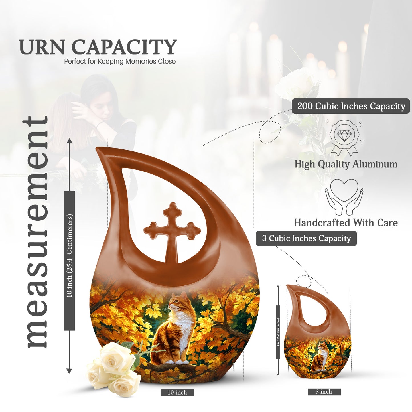 Burnished Gold Cat Cremation Urn back view with polished surface - faith-inspired cross-drop urn with cat pattern - mini keepsake memorial for portion of cremation ashes