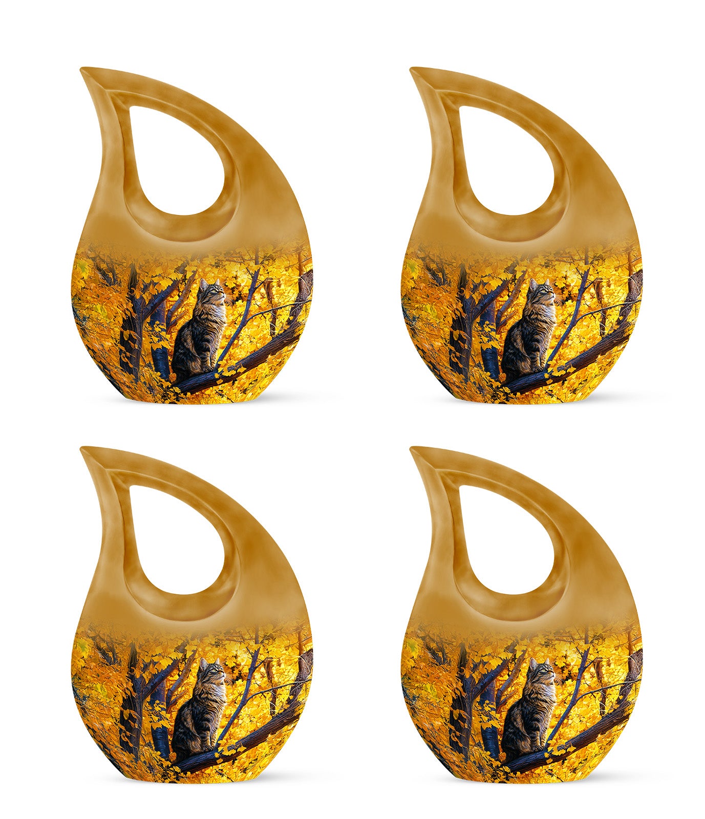 Gilded Gold Cat Cremation Urn lifestyle display on memorial shelf - sacred cross merged with cat motif on metal - 10 inch aluminum urn for cremated remains