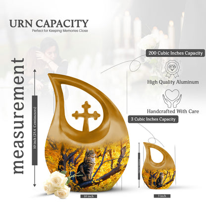 Champagne Gold Cat Cremation Urn back view with polished surface - cross and cat combined in spiritual memorial design - mini keepsake memorial for portion of cremation ashes
