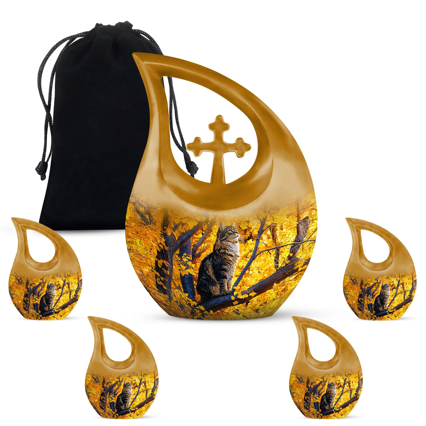 Harvest Gold Cat Cremation Urn urn with complimentary velvet bag - faith-inspired cross-drop urn with cat pattern - memorial set with one large and four small urns