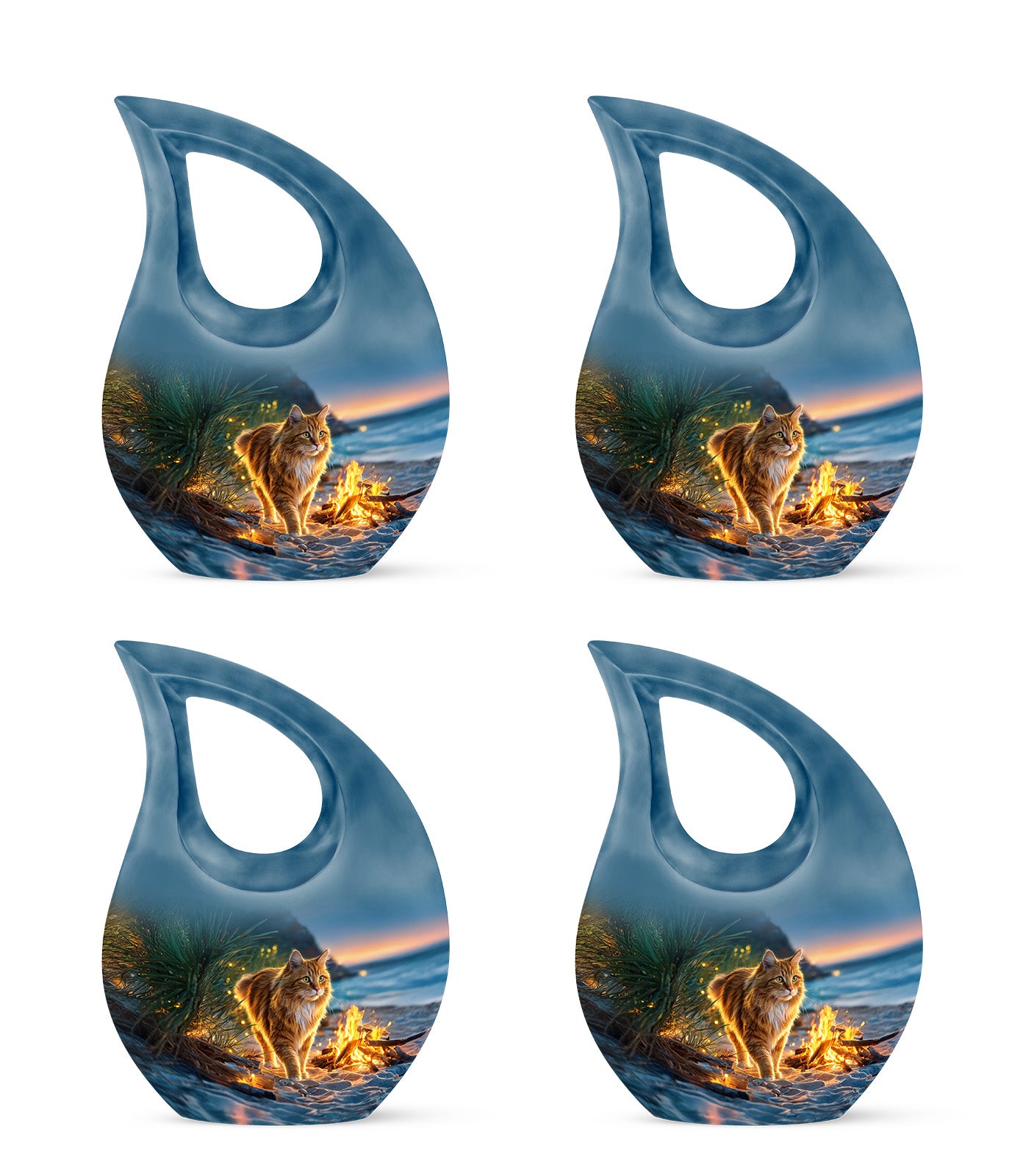 Sky Blue Cat Cremation Urn lifestyle display on memorial shelf - sacred cross merged with cat motif on metal - 10 inch aluminum urn for cremated remains