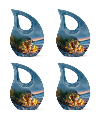 Sky Blue Cat Cremation Urn lifestyle display on memorial shelf - sacred cross merged with cat motif on metal - 10 inch aluminum urn for cremated remains