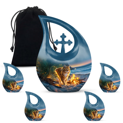 Twilight Blue Cat Cremation Urn urn with complimentary velvet bag - devotional cross-drop cat engraving - memorial set with one large and four small urns