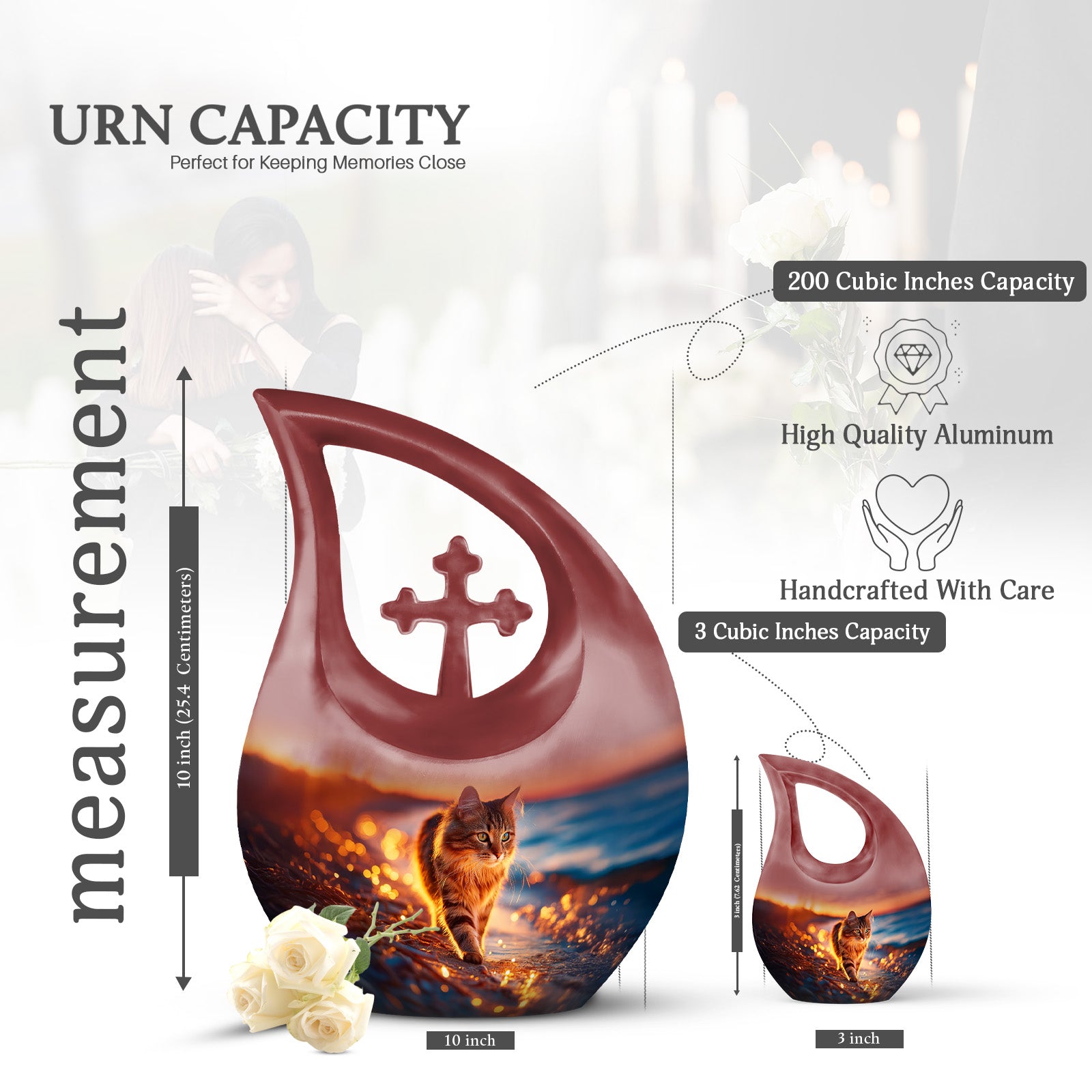 Cherry Red Cat Cremation Urn back view with polished surface - faith-inspired cross-drop urn with cat pattern - mini keepsake memorial for portion of cremation ashes