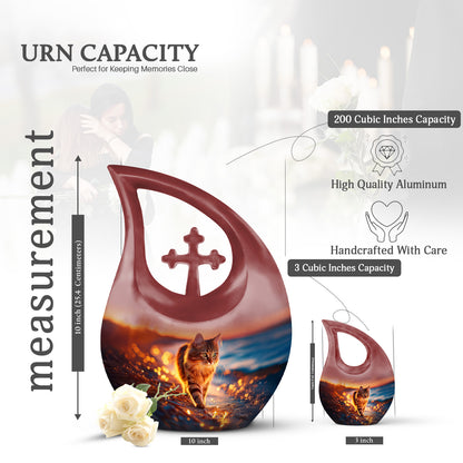 Cherry Red Cat Cremation Urn back view with polished surface - faith-inspired cross-drop urn with cat pattern - mini keepsake memorial for portion of cremation ashes