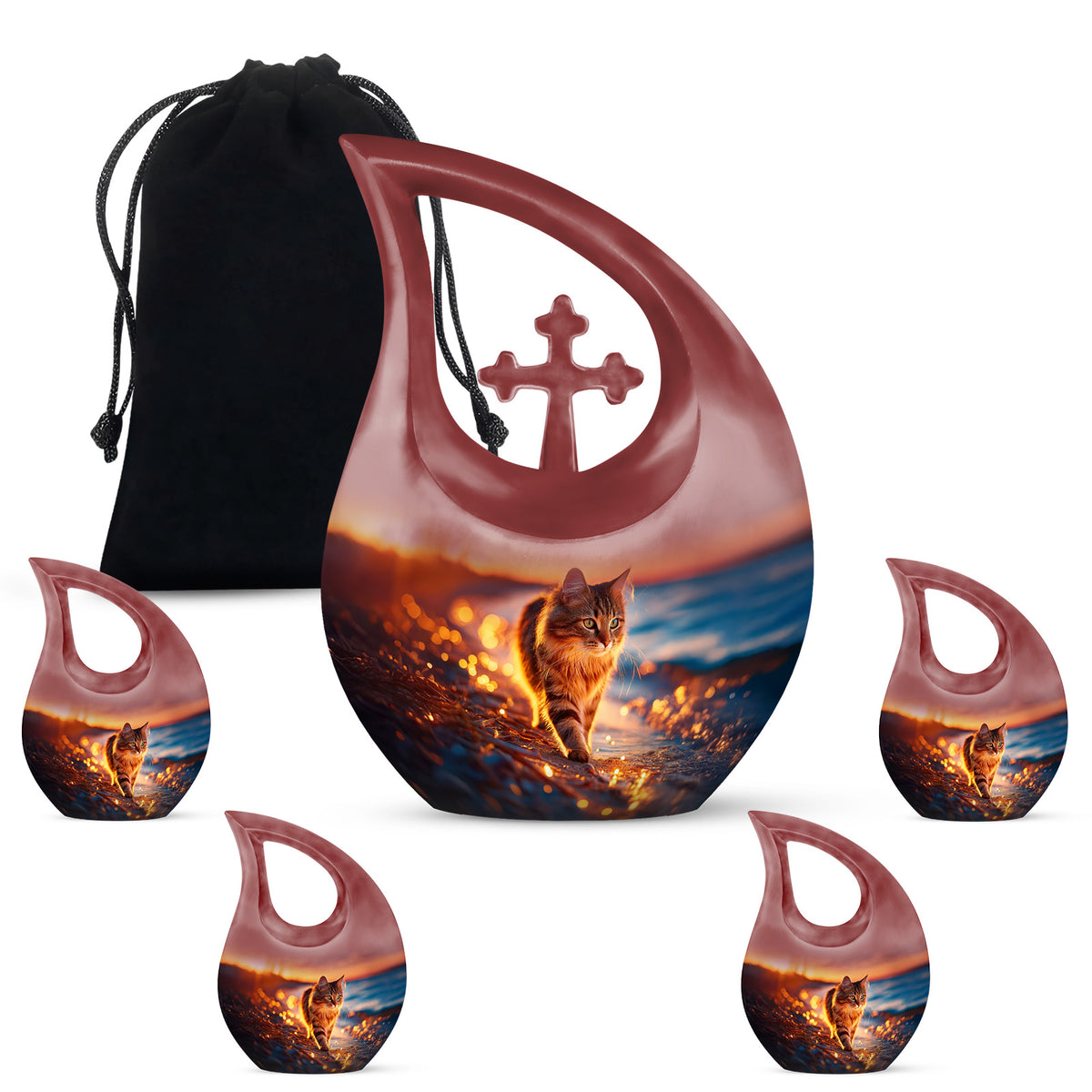 Rich Red Cat Cremation Urn urn with complimentary velvet bag - faith-inspired cross-drop urn with cat pattern - memorial set with one large and four small urns