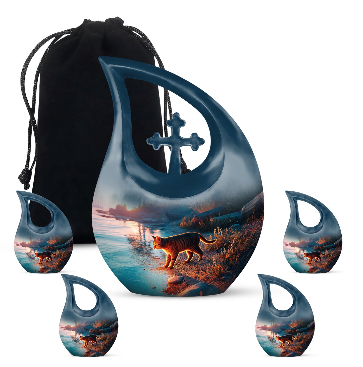 Indigo Cat Cremation Urn urn with complimentary velvet bag - sacred cross merged with cat motif on metal - memorial set with one large and four small urns
