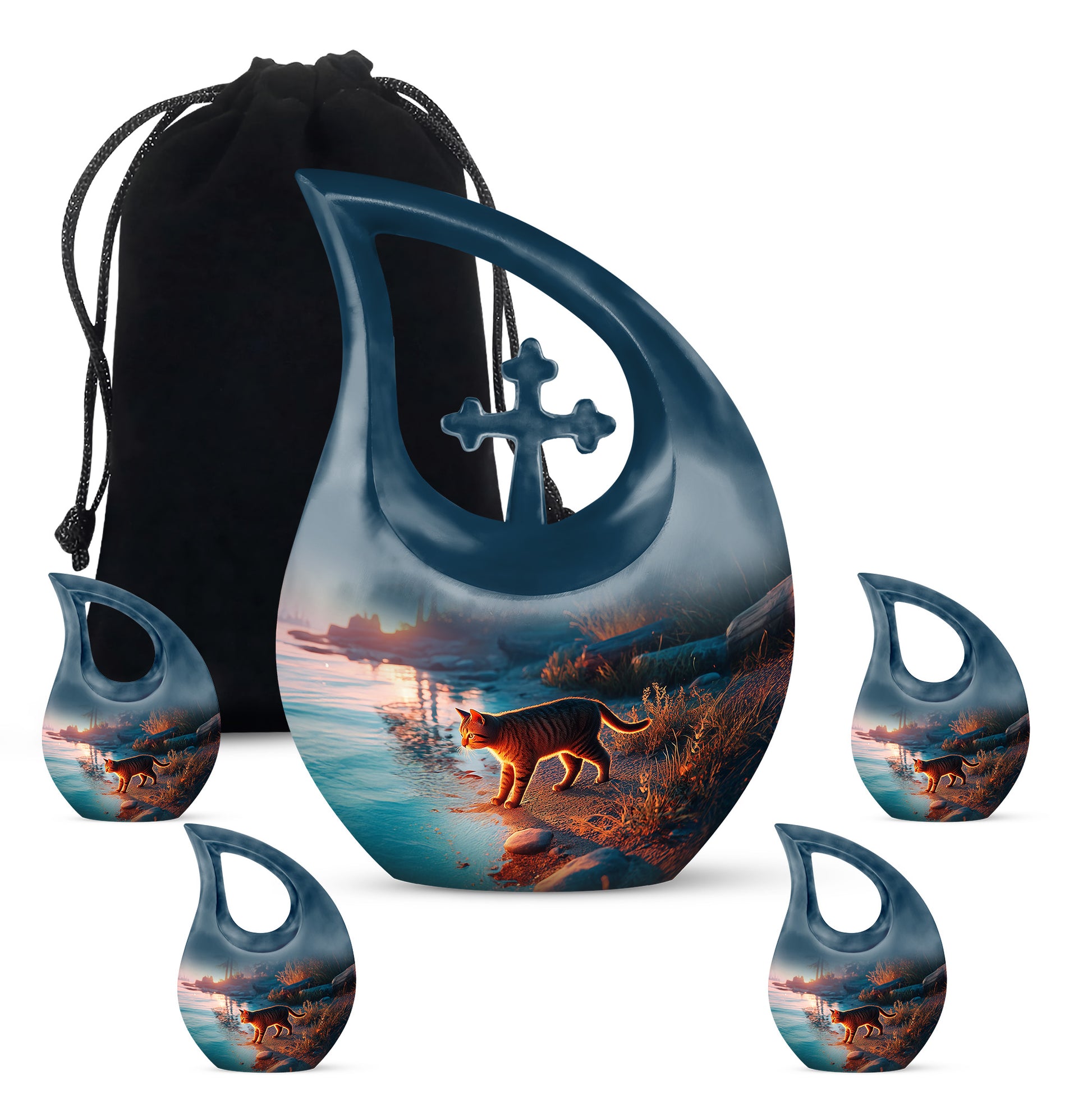 Indigo Cat Cremation Urn urn with complimentary velvet bag - sacred cross merged with cat motif on metal - memorial set with one large and four small urns