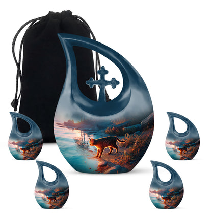 Indigo Cat Cremation Urn urn with complimentary velvet bag - sacred cross merged with cat motif on metal - memorial set with one large and four small urns