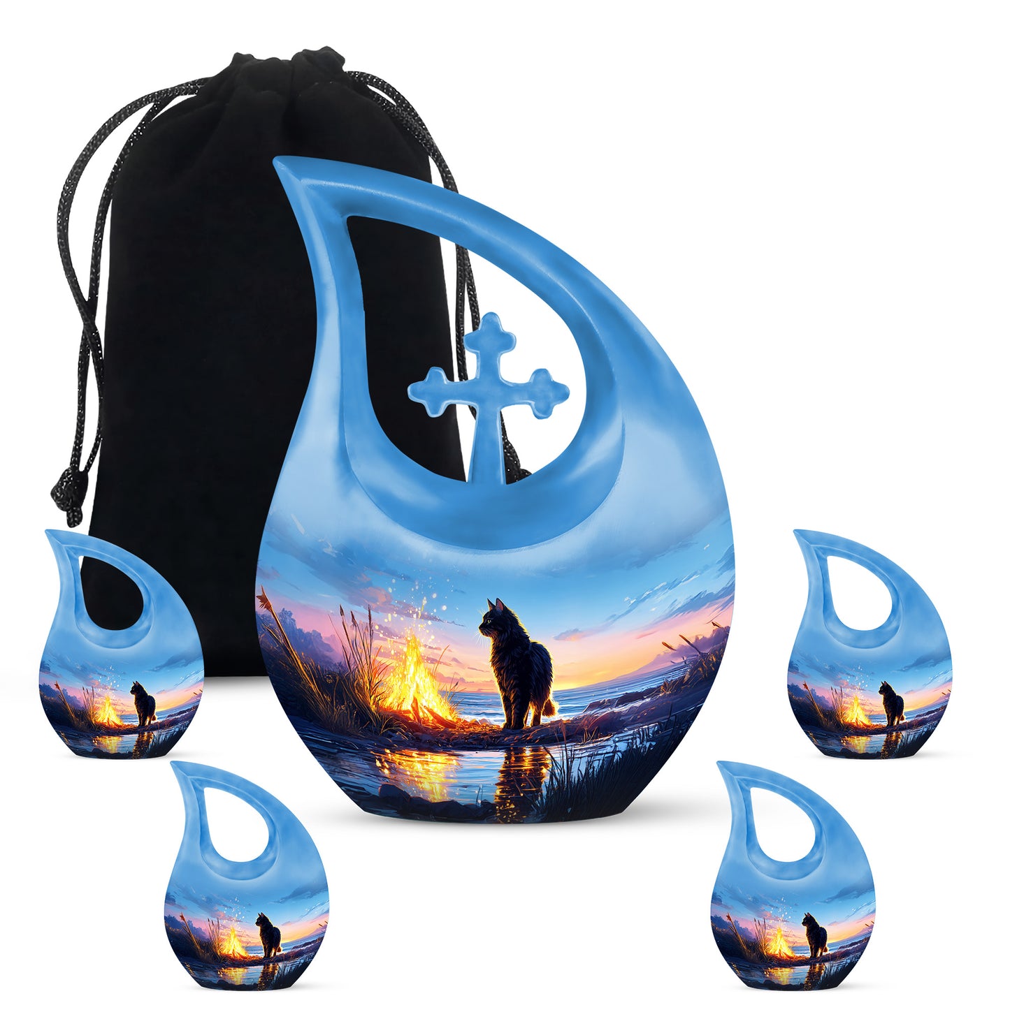 Royal Blue Cat Cremation Urn urn with complimentary velvet bag - faith-inspired cross-drop urn with cat pattern - memorial set with one large and four small urns