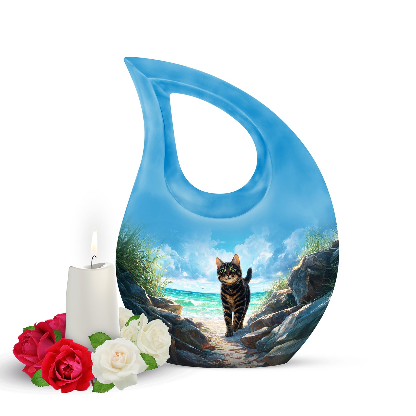 Radiant Cat Memorial Cremation Urns - Teal 10-inch, 200 cu in - Yatskia