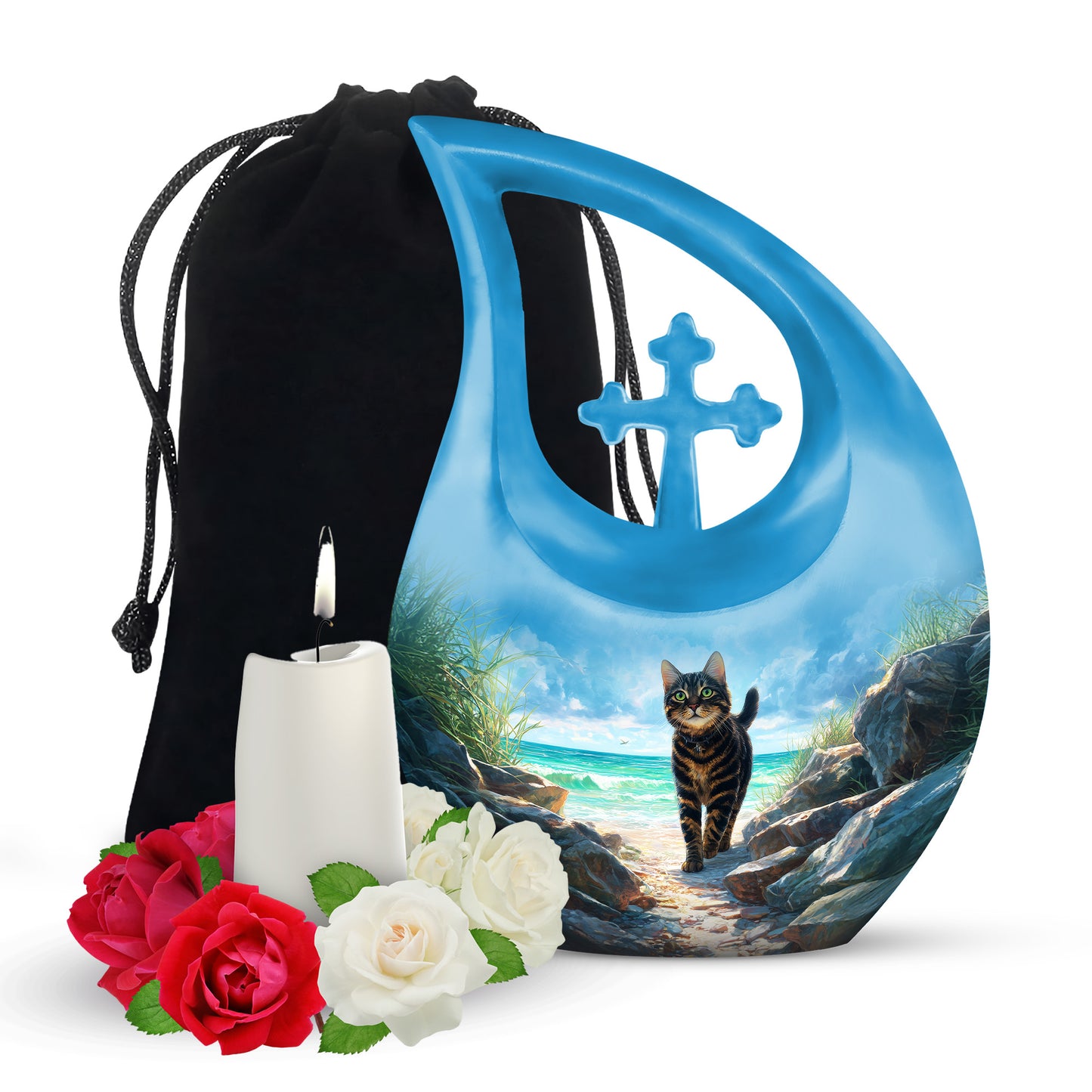 Cool Teal Cat Cremation Urn top-down view of secure threaded lid - sacred cross merged with cat motif on metal - full-size 10 inch 200 cubic inch adult cremation urn