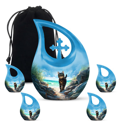 Deep Teal Cat Cremation Urn urn with complimentary velvet bag - devotional cross-drop cat engraving - memorial set with one large and four small urns