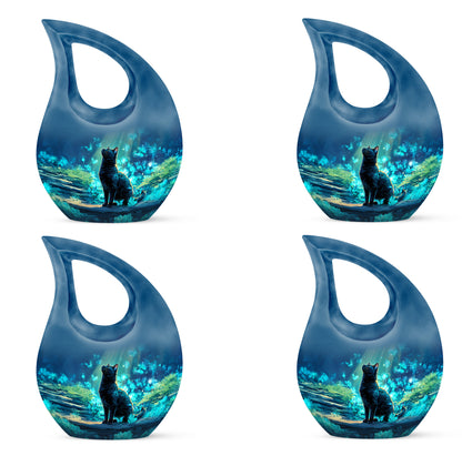 Icy Blue Cat Cremation Urn lifestyle display on memorial shelf - sacred cross merged with cat motif on metal - 10 inch aluminum urn for cremated remains
