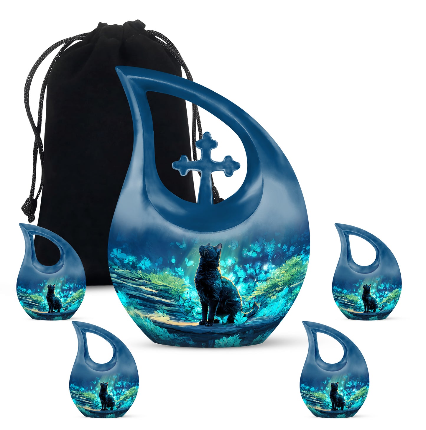 Sky Blue Cat Cremation Urn urn with complimentary velvet bag - cross and cat combined in spiritual memorial design - memorial set with one large and four small urns