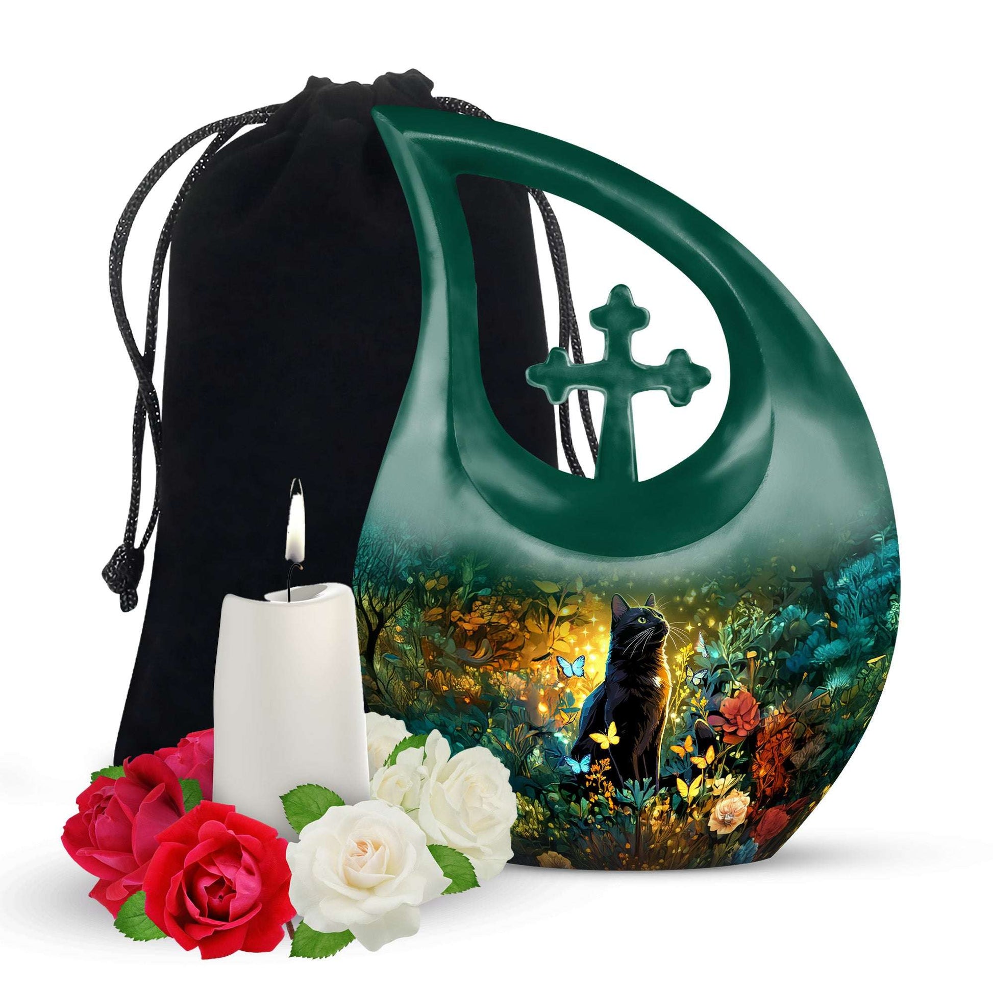 Black Cat Cremation Urn for Human Ashes - Colorful Butterflies Memorial Urn