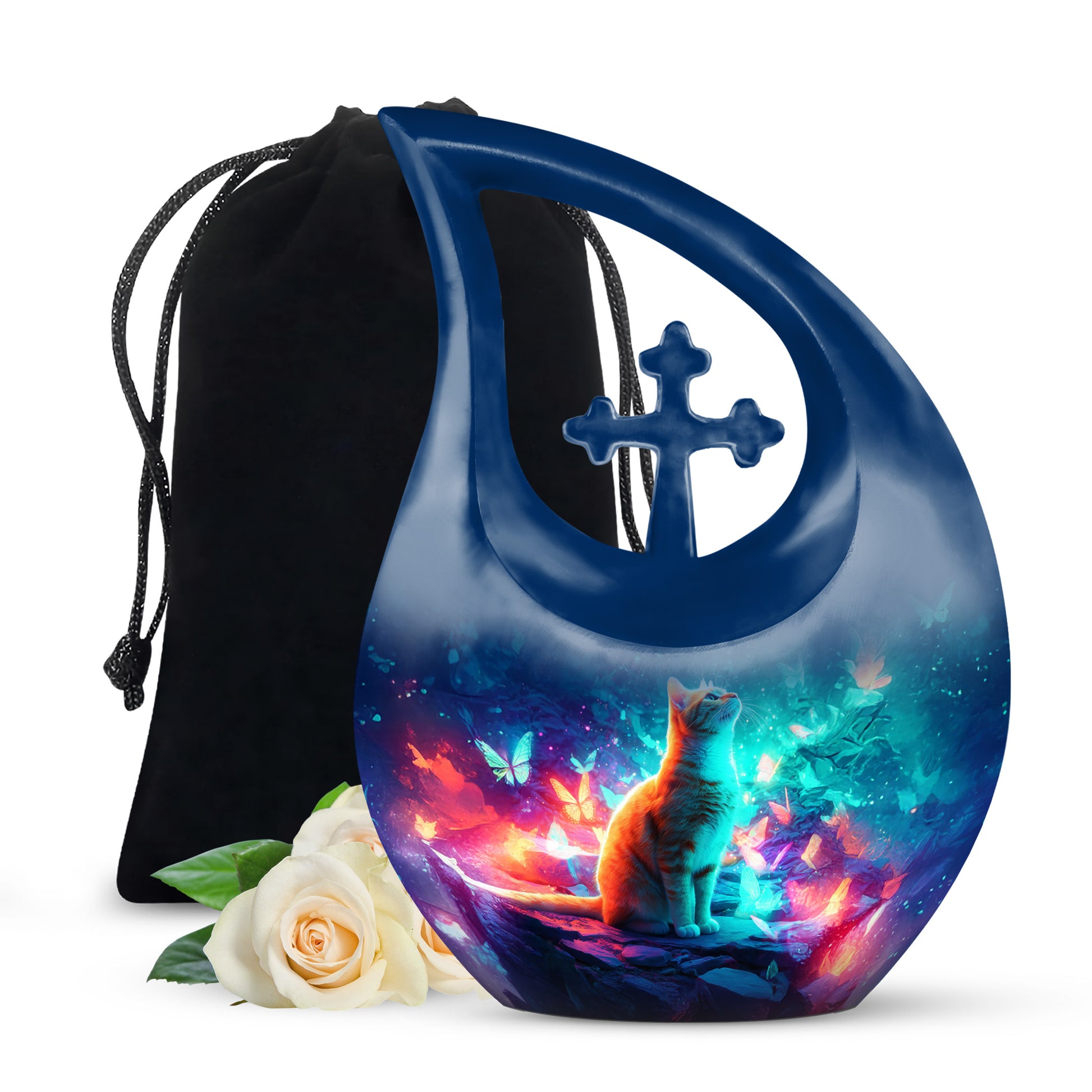 Steel Blue Cat Cremation Urn top-down view of secure threaded lid - devotional cross-drop cat engraving - full-size 10 inch 200 cubic inch adult cremation urn