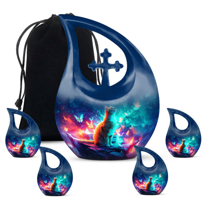 Celestial Blue Cat Cremation Urn urn with complimentary velvet bag - sacred cross merged with cat motif on metal - memorial set with one large and four small urns