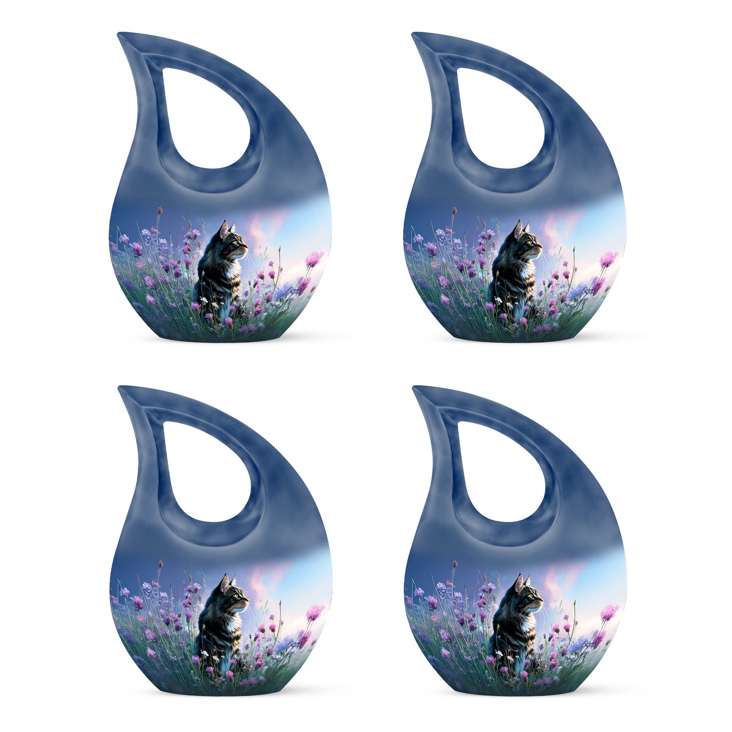 Steel Blue Cat Cremation Urn lifestyle display on memorial shelf - devotional cross-drop cat engraving - 10 inch aluminum urn for cremated remains
