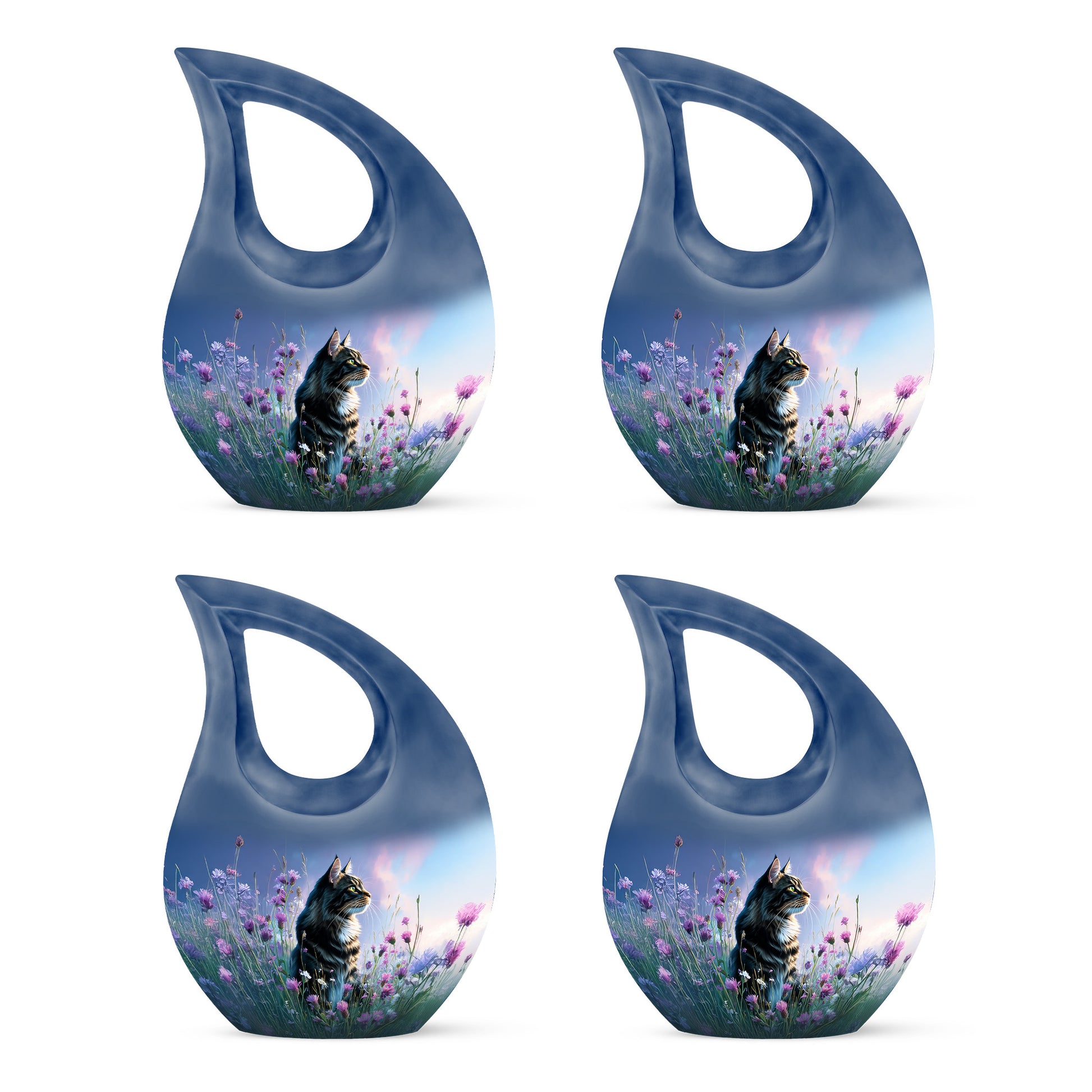 Steel Blue Cat Cremation Urn lifestyle display on memorial shelf - devotional cross-drop cat engraving - 10 inch aluminum urn for cremated remains