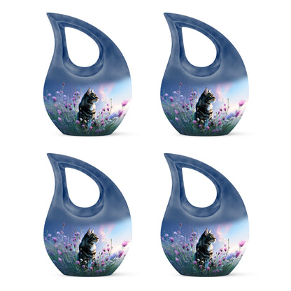 Steel Blue Cat Cremation Urn lifestyle display on memorial shelf - devotional cross-drop cat engraving - 10 inch aluminum urn for cremated remains