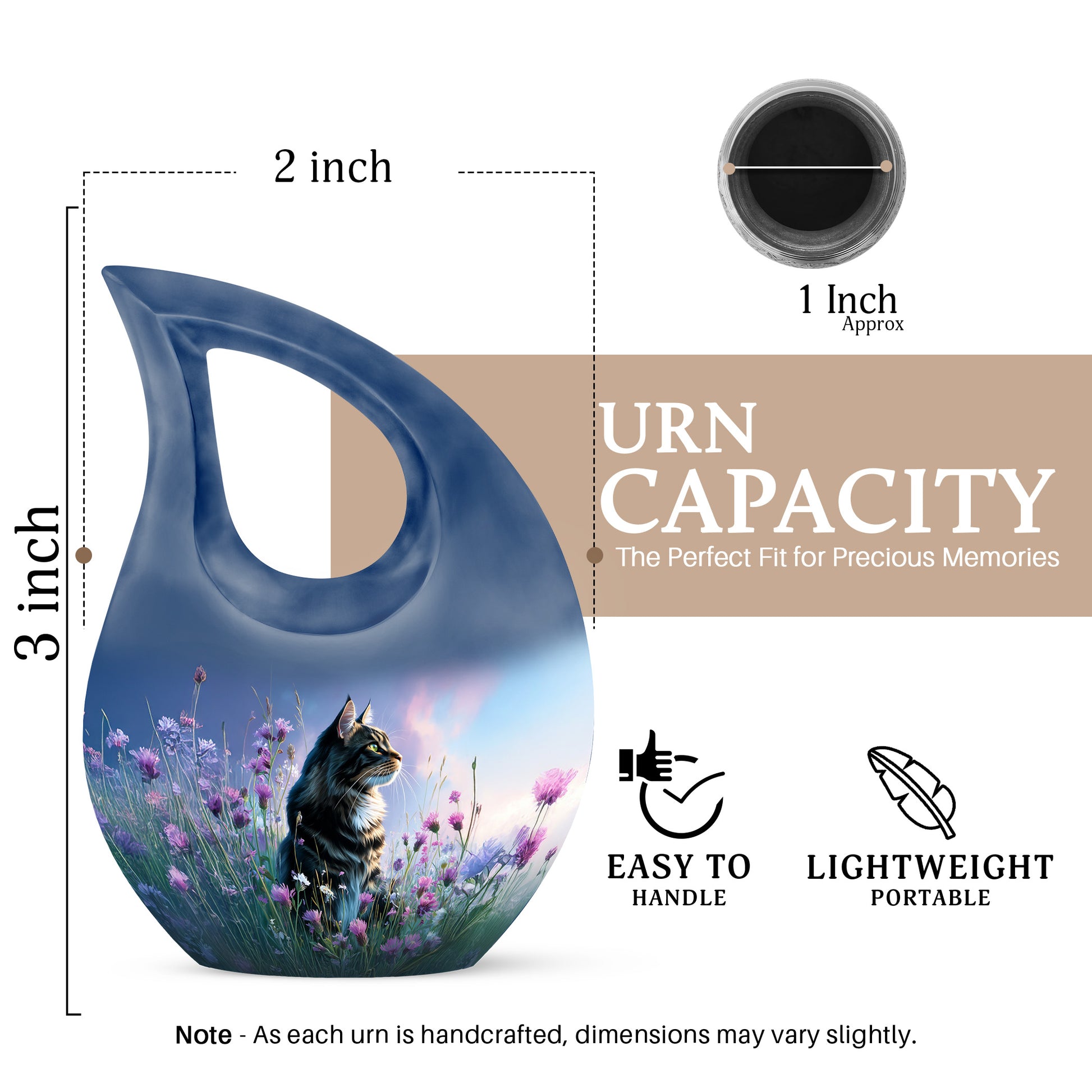 Royal Blue Cat Cremation Urn back view with polished surface - faith-inspired cross-drop urn with cat pattern - mini keepsake memorial for portion of cremation ashes