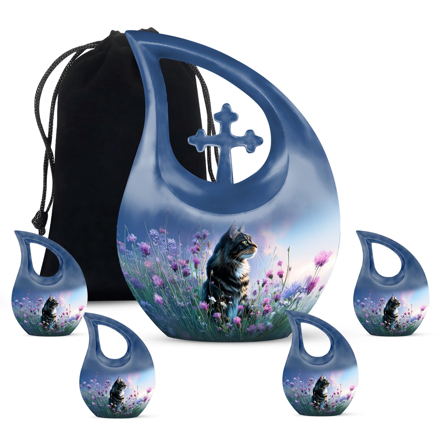 Powder Blue Cat Cremation Urn urn with complimentary velvet bag - cross and cat combined in spiritual memorial design - memorial set with one large and four small urns