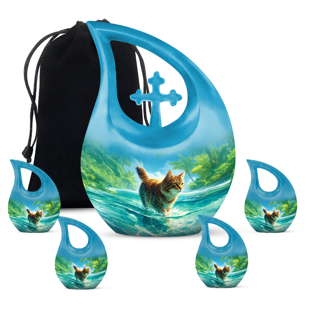 Pastel Blue Cat Cremation Urn urn with complimentary velvet bag - cross and cat combined in spiritual memorial design - memorial set with one large and four small urns