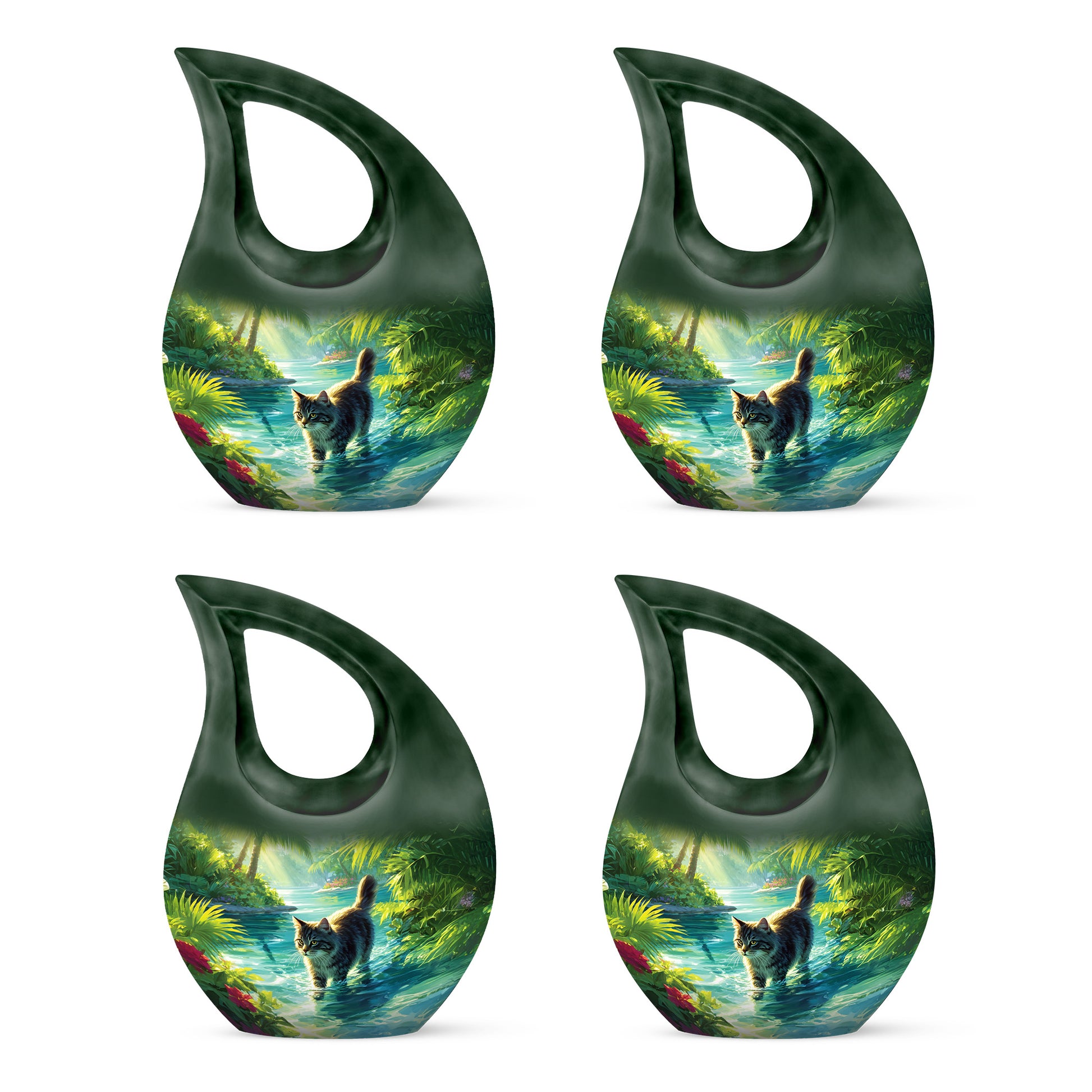 Forest Green Cat Cremation Urn lifestyle display on memorial shelf - faith-inspired cross-drop urn with cat pattern - 10 inch aluminum urn for cremated remains