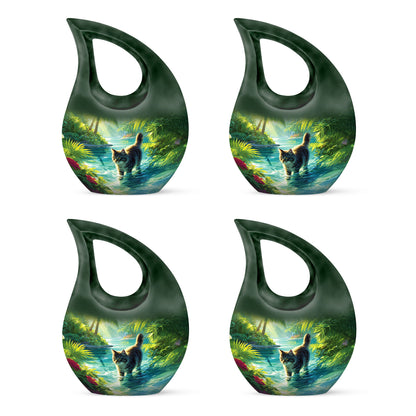 Forest Green Cat Cremation Urn lifestyle display on memorial shelf - faith-inspired cross-drop urn with cat pattern - 10 inch aluminum urn for cremated remains