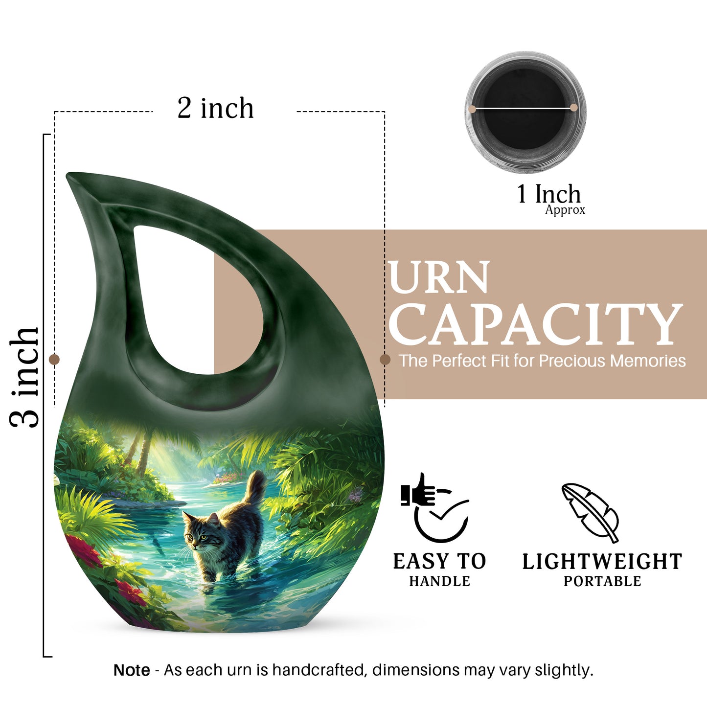 Forest Green Cat Cremation Urn back view with polished surface - faith-inspired cross-drop urn with cat pattern - mini keepsake memorial for portion of cremation ashes
