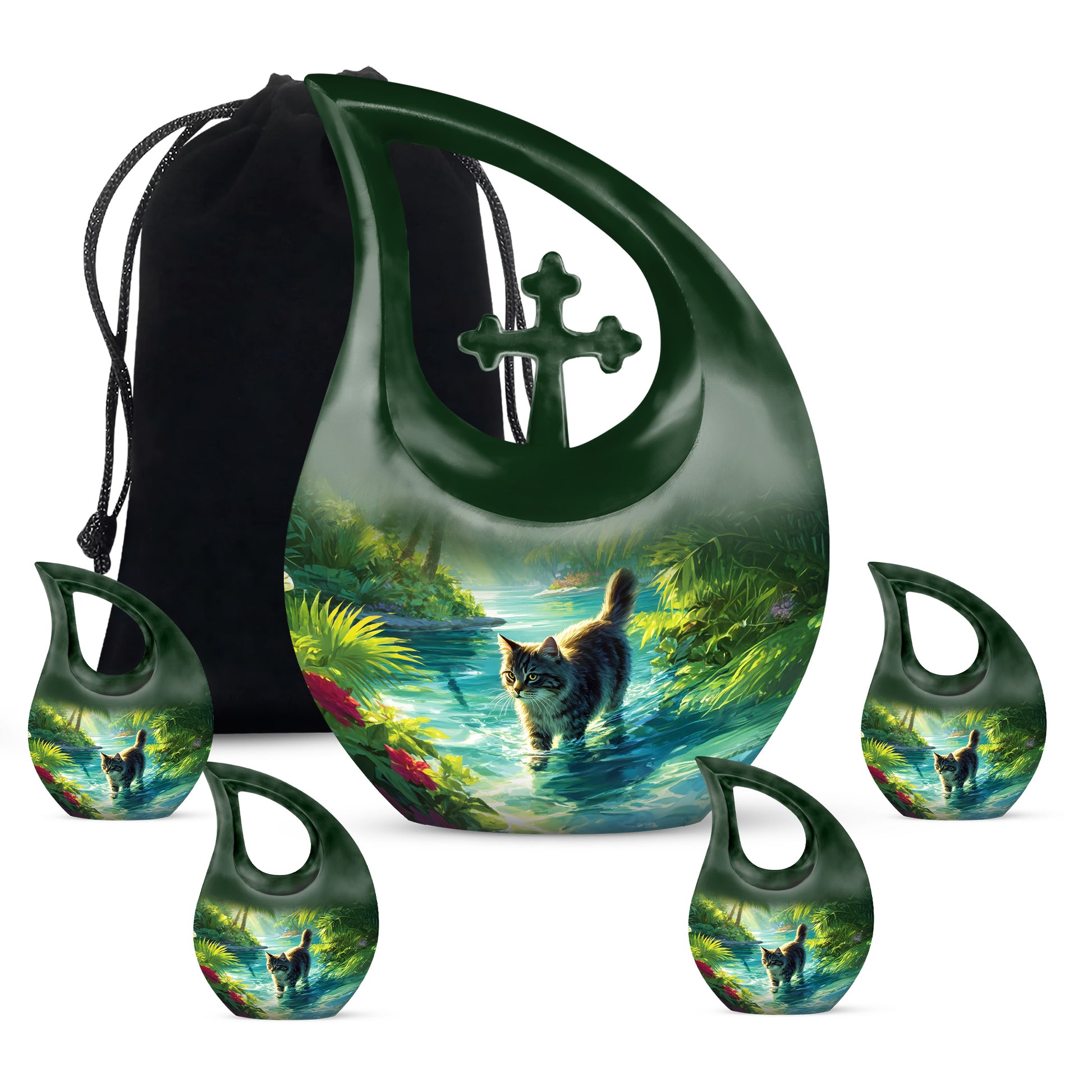 Olive Green Cat Cremation Urn urn with complimentary velvet bag - devotional cross-drop cat engraving - memorial set with one large and four small urns