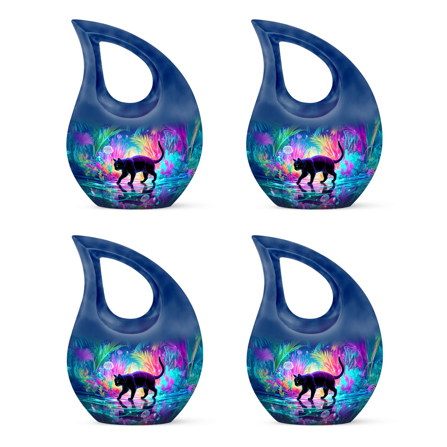 Sapphire Blue Cat Cremation Urn lifestyle display on memorial shelf - faith-inspired cross-drop urn with cat pattern - 10 inch aluminum urn for cremated remains