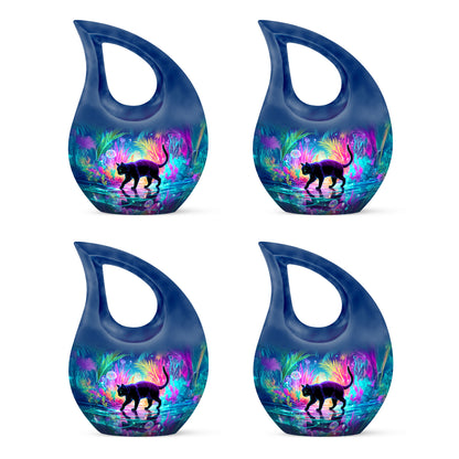 Sapphire Blue Cat Cremation Urn lifestyle display on memorial shelf - faith-inspired cross-drop urn with cat pattern - 10 inch aluminum urn for cremated remains