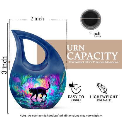 Azure Cat Cremation Urn back view with polished surface - cross and cat combined in spiritual memorial design - mini keepsake memorial for portion of cremation ashes