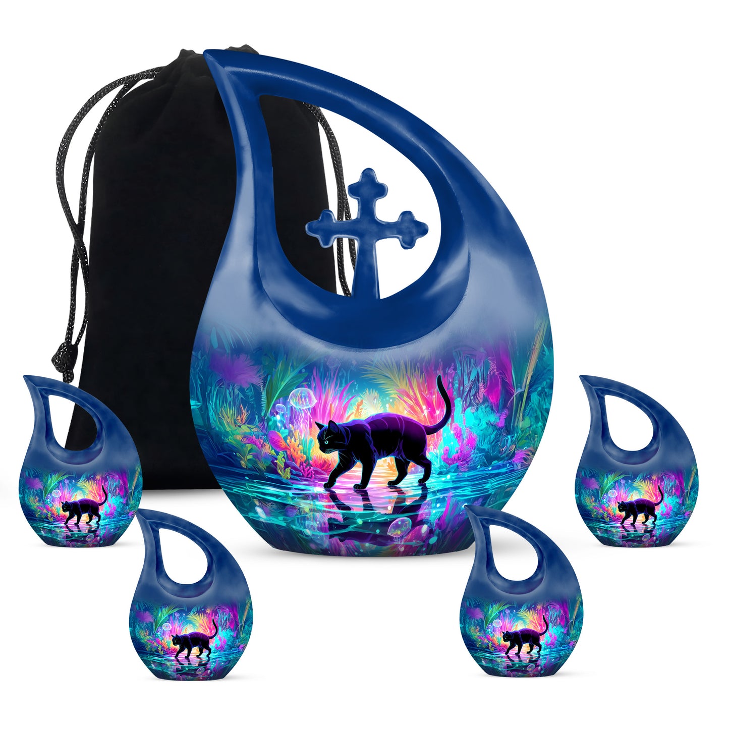 Icy Blue Cat Cremation Urn urn with complimentary velvet bag - sacred cross merged with cat motif on metal - memorial set with one large and four small urns