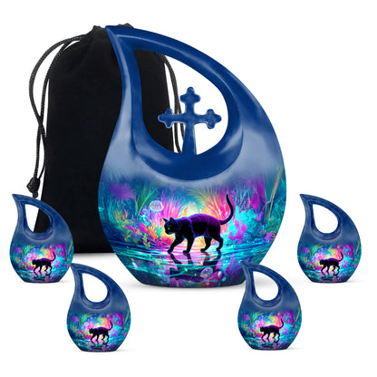 Icy Blue Cat Cremation Urn urn with complimentary velvet bag - sacred cross merged with cat motif on metal - memorial set with one large and four small urns