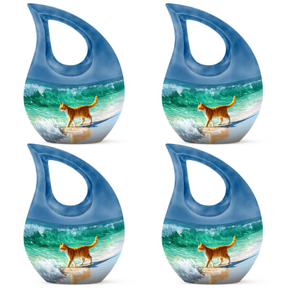 Powder Blue Cat Cremation Urn lifestyle display on memorial shelf - sacred cross merged with cat motif on metal - 10 inch aluminum urn for cremated remains