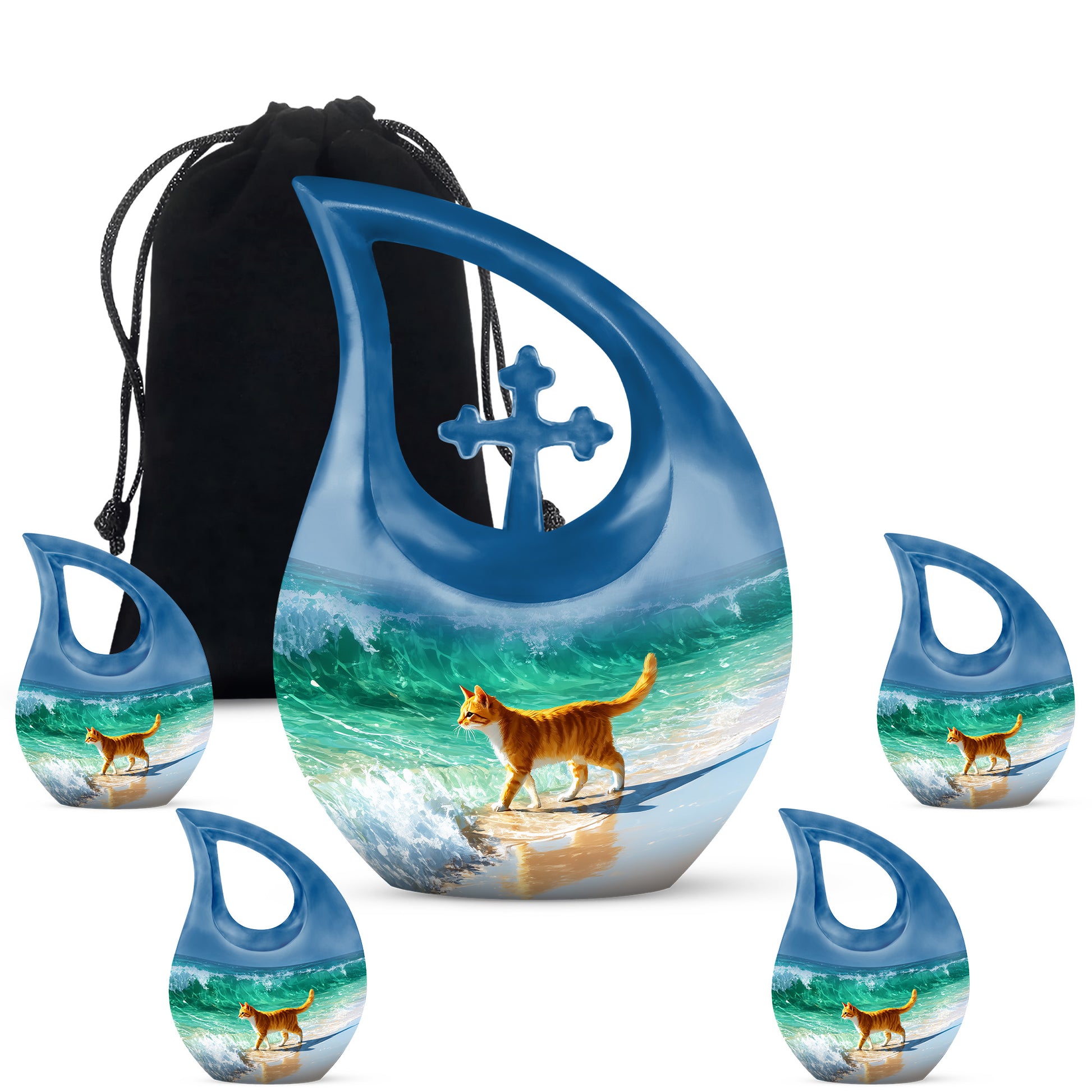 Sky Blue Cat Cremation Urn urn with complimentary velvet bag - sacred cross merged with cat motif on metal - memorial set with one large and four small urns