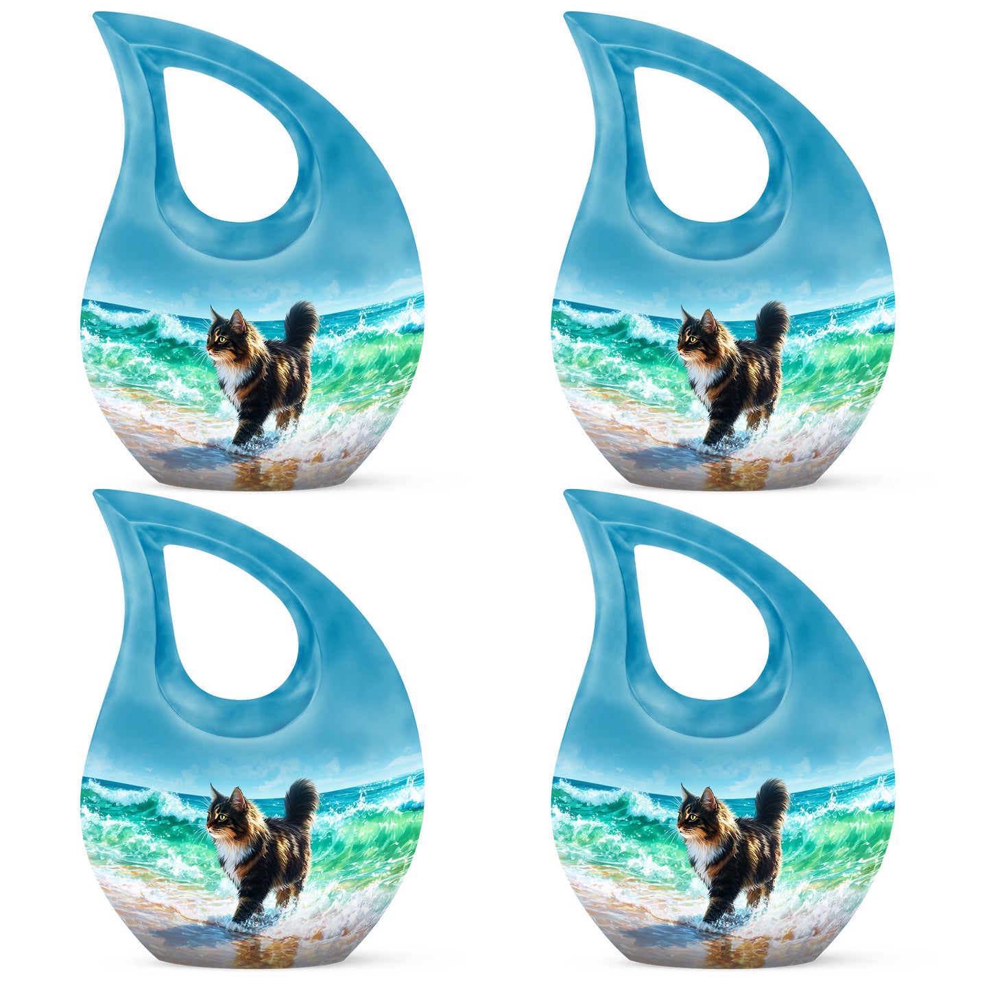 Bright Blue Cat Cremation Urn lifestyle display on memorial shelf - faith-inspired cross-drop urn with cat pattern - 10 inch aluminum urn for cremated remains