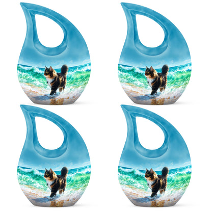 Bright Blue Cat Cremation Urn lifestyle display on memorial shelf - faith-inspired cross-drop urn with cat pattern - 10 inch aluminum urn for cremated remains