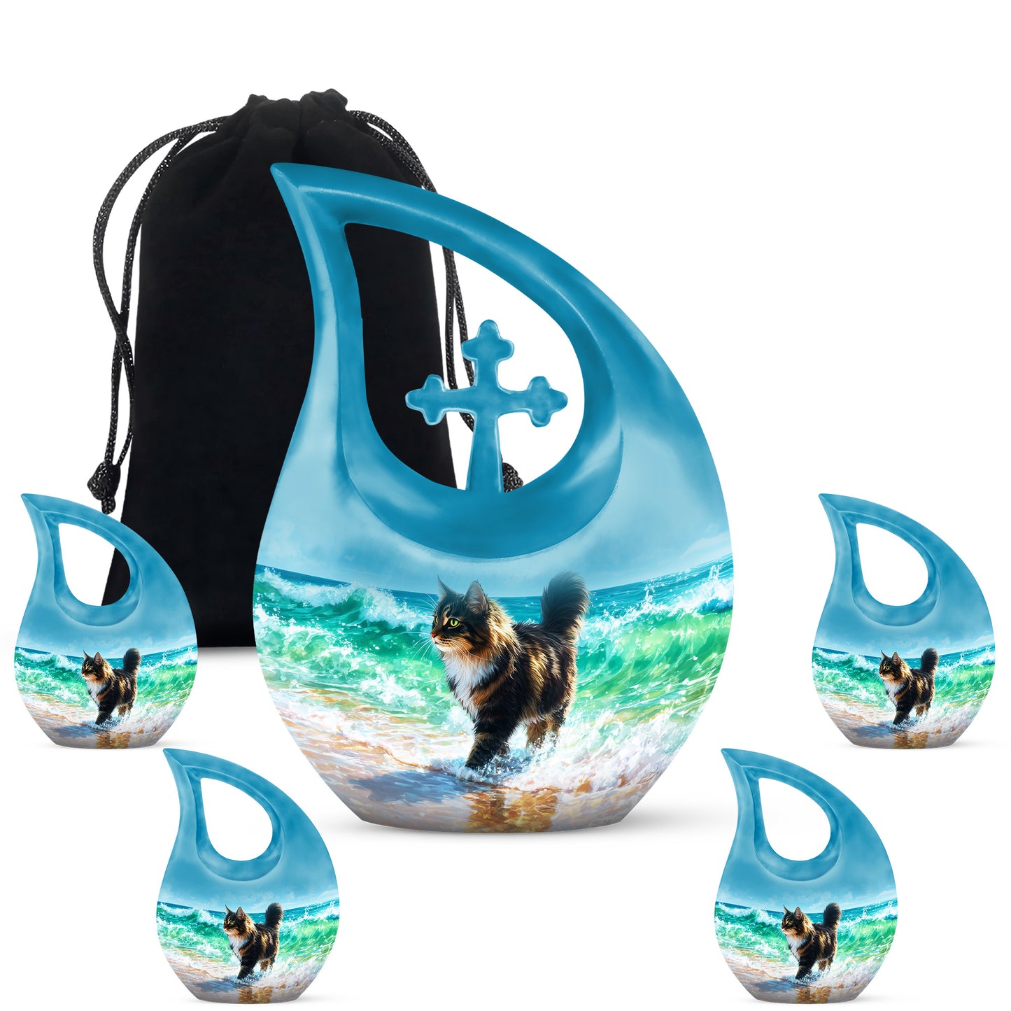 Azure Cat Cremation Urn urn with complimentary velvet bag - cross and cat combined in spiritual memorial design - memorial set with one large and four small urns
